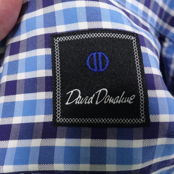 DAVID DONAHUE BLUE CHECK BUTTON UP DRESS SHIRT MENS 17.5 34/35 FRENCH CUFF - Picture 7 of 8